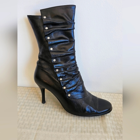 Lizudian ITALY Geniune Leather Elegant Black Stiletto Boots Animal Fleece Size 7 - Picture 1 of 9